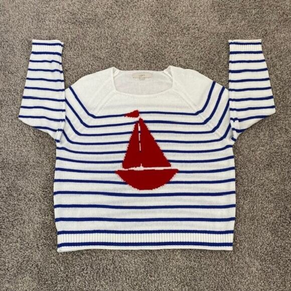 The Loft Pullover Sweater Red Sailboat over Blue & White Stripes Women's Large - Picture 8 of 12